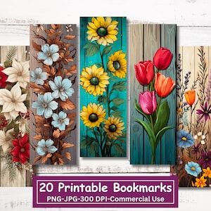 Rustieke bloemen op hout afdrukbare bladwijzerbundel, set van 20 PNG/JPG bloemenbladwijzerontwerpen, sublimeren, printen en knippen, commercieel gebruik
