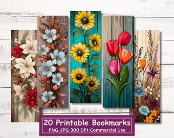 Rustic Flowers On Wood Printable Bookmarks Bundle, Set Of 20 PNG/JPG Floral Bookmark Designs, Sublimate, Print and Cut, Commercial Use