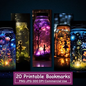 Magical Jar Printable Bookmark Bundle, JPG Print And Cut Pages, 20 PNG Bookmark Sublimation, Fantasy Fairy Fireflies, Commercial Use