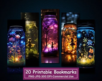 Magical Jar Printable Bookmark Bundle, JPG Print And Cut Pages, 20 PNG Bookmark Sublimation, Fantasy Fairy Fireflies, Commercial Use