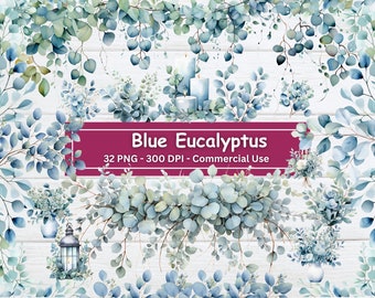 May include: A collection of 32 watercolor illustrations of blue eucalyptus leaves and branches. The illustrations are perfect for creating invitations, cards, and other paper crafts.  Blue Eucalyptus - 32 PNG - 300 DPI - Commercial Use
