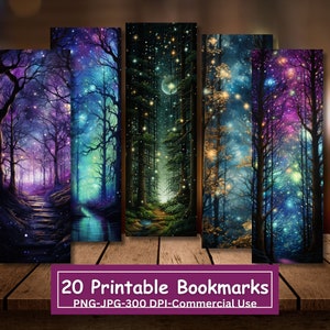 Fantasy Starry Night Forest Printable Bookmarks Bundle, Set Of 20 PNG/JPG,  Sublimation, Cricut, Silhouette Print And Cut, Commercial Use
