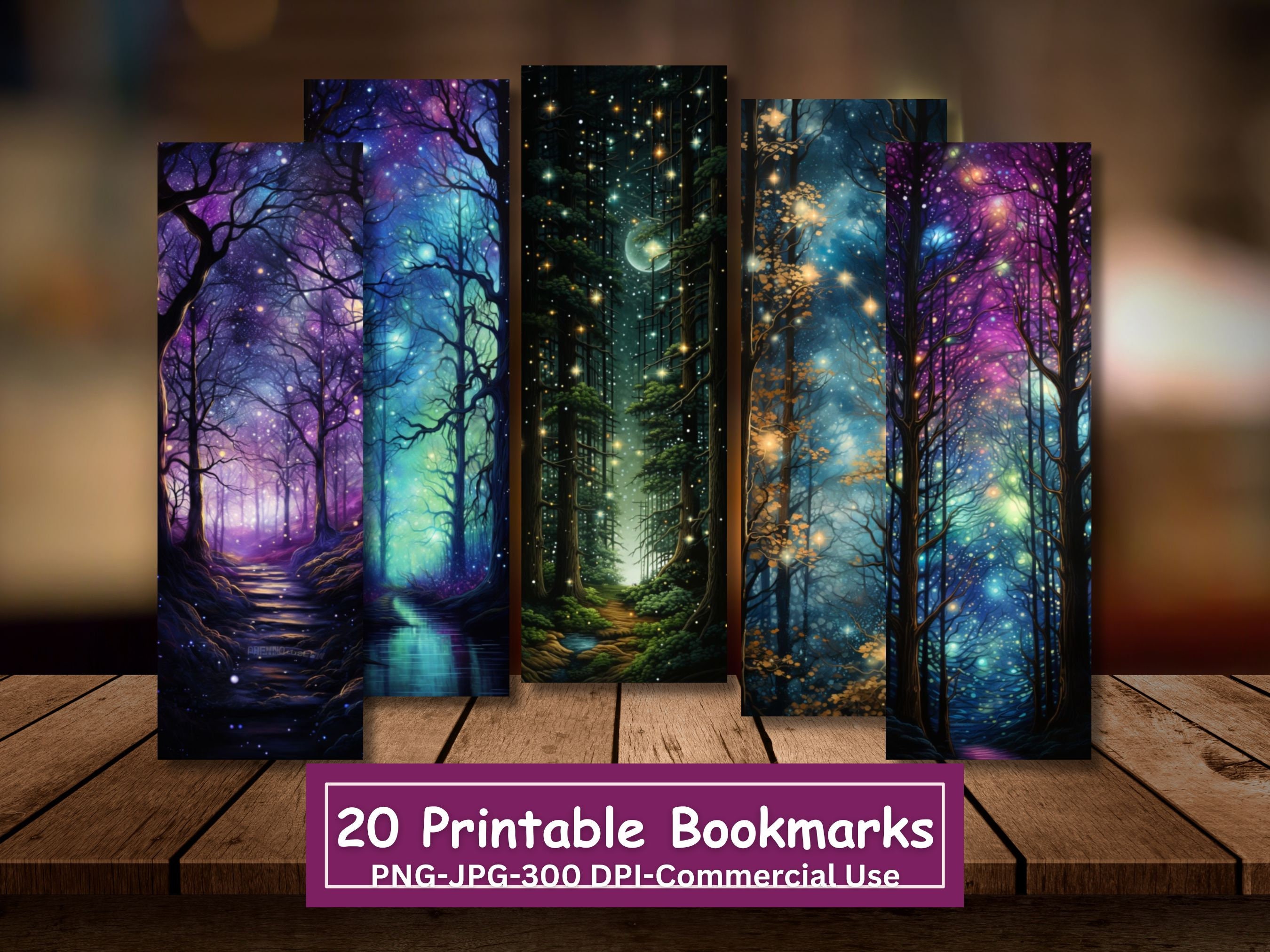 Fantasy Starry Night Forest Printable Bookmarks Bundle, Set Of 20 PNG/JPG,  Sublimation, Cricut, Silhouette Print And Cut, Commercial Use