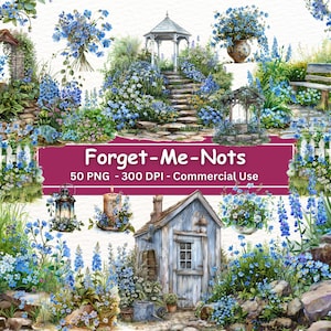 Paquete de imágenes prediseñadas de nomeolvides de acuarela, 50 imágenes PNG, Uso comercial, Jardín floral azul digital, Diario basura, Álbum de recortes, PNG de plantas
