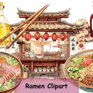 Watercolor Ramen Bowl Clipart Set, 12 PNGs, Japanese Food Clipart, Asian Kawaii Clipart, Watercolor Food Clip Art, Anime PNG Sublimation
