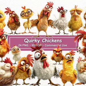 Quirky Chickens Clipart Bundle, PNG Set Of 24, Humorous Funny Cartoon Bird illustrations, Sublimation, Clip Art, Digital Paper Craft
