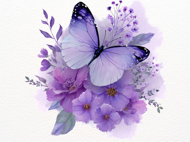 Purple Butterfly Flower Clipart Set: 45 PNG Set, Floral Watercolor Art ...