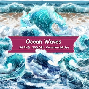Pacote de ondas do oceano em aquarela de praia, conjunto de 34 PNG, mar, areia, clipart náutico, conchas, criação de cartões, convites, registro no diário