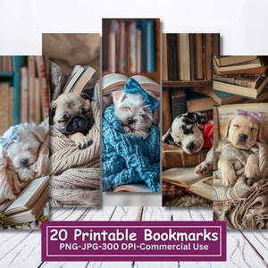 Cuccioli che dormono con libri Pacchetto segnalibri stampabili, set di 20, fogli segnalibri JPG, sublimazione segnalibri PNG per cani, segnalibri stampa e taglia