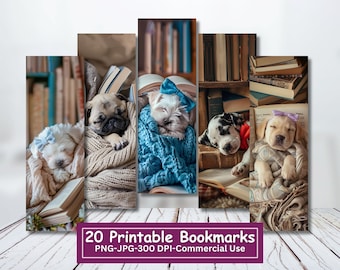 Puppies Sleeping with Books Printable Bookmarks: Set of 20 (Digital Download)