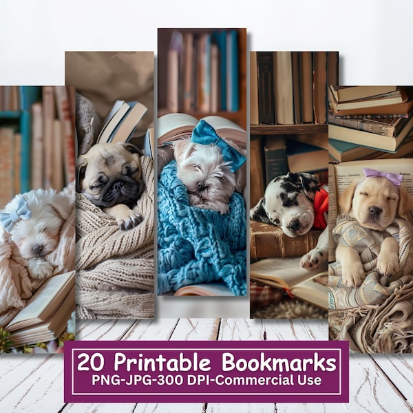 Puppies Sleeping With Books Printable Bookmarks Bundle, Set Of 20, JPG Bookmark Sheets, Dog PNG Bookmark Sublimation,Print and Cut Bookmarks