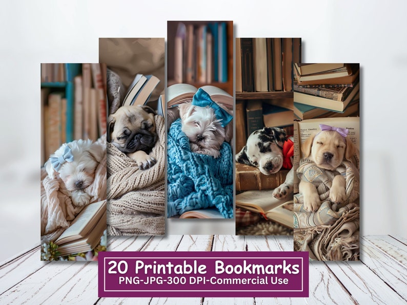 May include: Set of 20 printable bookmarks featuring adorable puppies sleeping on books. Each bookmark is a different puppy in a cozy setting with a book and a bow.