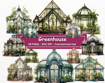 May include: A collection of 28 watercolor illustrations of ornate glass greenhouses with intricate details and lush greenery. The illustrations are perfect for adding a touch of vintage charm to your designs.