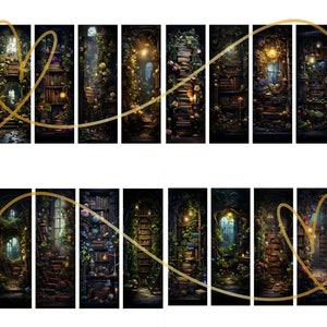 May include: A digital collage of 18 images depicting a magical, overgrown library with a winding staircase, bookshelves, and glowing lanterns. The images are arranged in two rows of nine, with a gold heart shape drawn around the center images in each row.