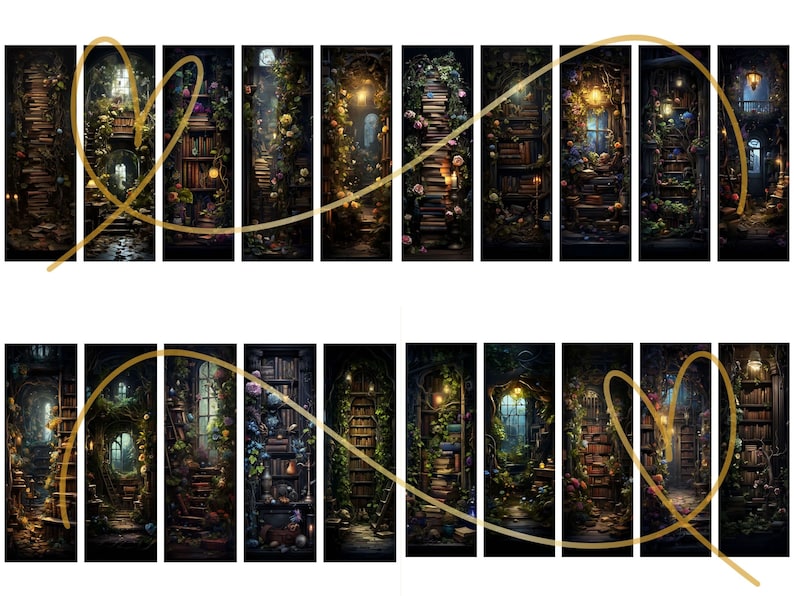 May include: A digital collage of 18 images depicting a magical, overgrown library with a winding staircase, bookshelves, and glowing lanterns. The images are arranged in two rows of nine, with a gold heart shape drawn around the center images in each row.