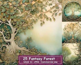 Pode incluir: Uma colagem de três imagens com árvores estilizadas e intrincadas com folhagem dourada e verde. As árvores são colocadas sobre um fundo de suaves lavagens de aquarela de azul e verde. O texto "25 Fantasy Forest" e "12x12 in - JPEG - Commercial Use" é exibido na parte inferior da colagem.
