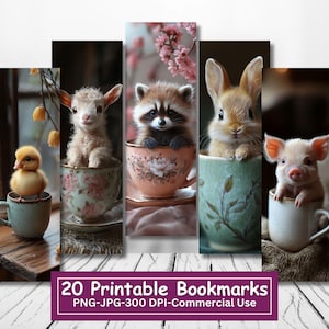 Bundle de signets imprimables animaux tasse à thé, signet animaux mignon lot de 20, feuilles JPG, sublimation PNG, impression et découpe, usage Commercial