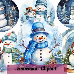 Watercolor Snowman Clipart Bundle,Winter Clip Art, 12 PNGs, Junk Journal,  Digital Planner, Collage Images, Paper Craft, Commercial Use