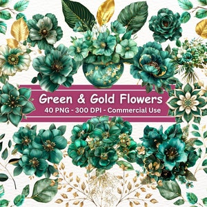 Pacote de clipart floral verde esmeralda e dourado, conjunto de 40 PNG, arte botânica, criação de cartões, registro no diário, flores verdes, folhas douradas, galhos