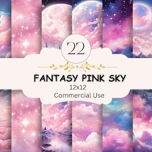 Roze Galaxy Moon digitale papierbundel, fantasie roze hemel, hemelse sterren, aquarel hemel, roze wolken, digitale papierkunst, scrapbooking