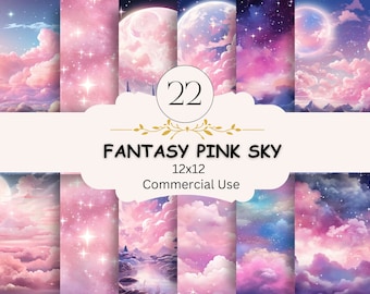 Pink Galaxy Moon Digital Paper Bundle, Fantasy Pink Sky,  Celestial Stars, Watercolor Sky, Pink Clouds, Digital Paper Craft, Scrapbooking