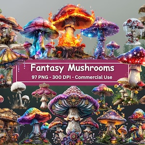 Lot de cliparts fantastiques champignons magiques, 97 images PNG, champignons vénéneux, champignons enchantés, journaux indésirables, fabrication de cartes, créations numériques sur papier