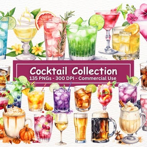 Cocktail Clipart Bundle, Aquarell Cocktail Clipart Paket, PNG-Set von 135, Alkohol, Cocktailillustrationen, Bier, Wein, Likör, Mixgetränke