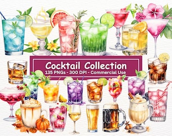 May include: A collection of 135 watercolor illustrations of cocktails, including margaritas, martinis, daiquiris, and more. The illustrations are in a variety of colors and styles, and they are perfect for use in digital or printed projects.
