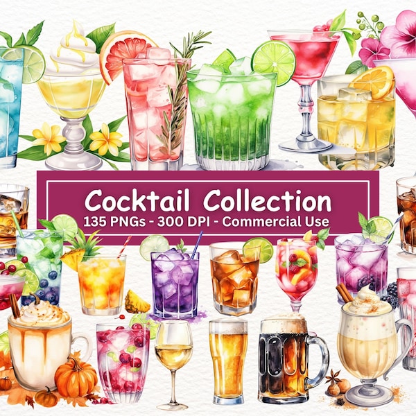 Cocktail Clipart Bundle, Watercolor Cocktail Clipart Pack, PNG Set Of 135, Alcohol, Cocktail Illustrations, Beer, Wine, Liquor, Mixed Drinks