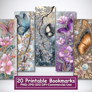 Puede incluir: Conjunto de cinco marcapáginas verticales con diseños de mariposas y flores. Cada marcapáginas muestra una mariposa diferente con intrincados diseños de alas, acompañada de flores y follaje en tonos rosa, morado y dorado. El texto "20 Printable Bookmarks" está en la parte inferior.