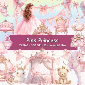 Paquete de imágenes prediseñadas de acuarela de princesa rosa (conjunto 2), 53 PNG Set Plus Bonus, arte de cuento de hadas, castillo, unicornio, carruaje, caballero, uso comercial