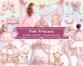 Pink Princess Watercolor Clipart: Fairytale Castle, Unicorn, Carriage (PNG Digital Download)