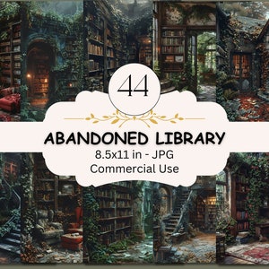 Papel digital de biblioteca abandonada, conjunto de 44 JPG, libros angustiados, estudio, academia oscura, plantas, vides, páginas de diario basura, papeles de scrapbooking