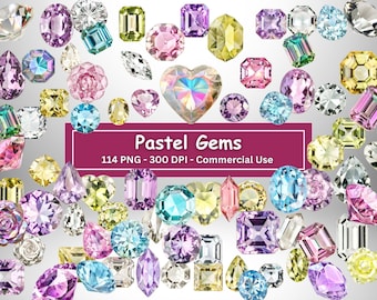 Può includere: Una collezione di 114 immagini di gemme color pastello, ognuna con una forma e un taglio unici. Le gemme sono in varie tonalità di rosa, blu, verde, giallo e viola. L'immagine include il testo "Pastel Gems 114 PNG - 300 DPI - Commercial Use".