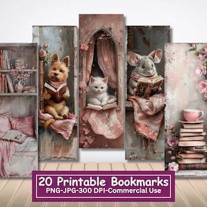 Coquette Reading Druckbare Lesezeichen, Set mit 20 Designs, JPG Lesezeichen Blätter, PNG Sublimation, Drucken und Schneiden Lesezeichen Set, süße Tiere