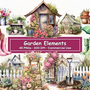 Aquarel tuin elementen clipart bundel, 45 PNG set, commercieel gebruik, digitale download, junk journal, scrapbook, lente plant PNGs