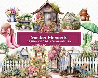 May include: A collection of watercolor illustrations of garden elements, including a shed, a greenhouse, a fence, a ladder, a gate, a shovel, a watering can, flowers, plants, and rain boots. The illustrations are in a vintage style and are perfect for adding a touch of whimsy to your projects.