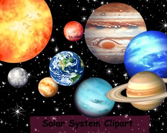 Solar System Clipart With Bonus Digital Paper Pack, Watercolor Realistic Space Clip Art, PNGs, Commercial Use, Instant Download