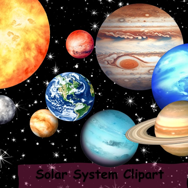 Solar System Clipart With Bonus Digital Paper Pack, Watercolor Realistic Space Clip Art, PNGs, Commercial Use, Instant Download
