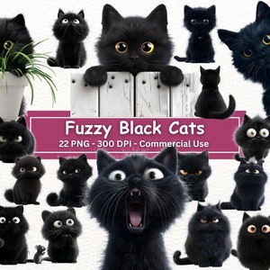 Funny Black Cats Clipart Bundle, PNG Set Of 22, Humorous Cartoon illustrations, Fuzzy Cats, Peeking Cat, Kittens, Personal Or Commercial Use