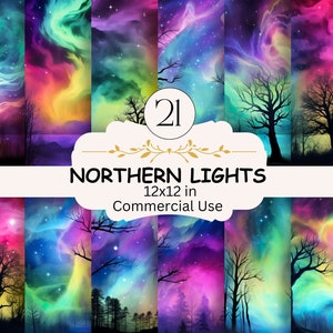 Druckbare verzauberte Aurora Borealis Digitales Papier Bundle, Nordlichter Hintergrund, Fantasy Himmel Hintergrund, Junk Journal, Scrapbooking
