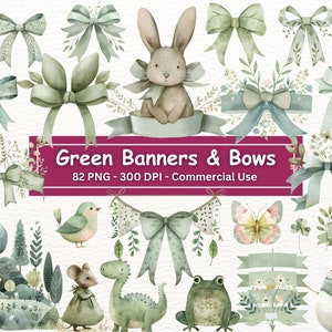 Imágenes prediseñadas de pancartas y lazos de color verde salvia, conjunto de 82 PNG, elementos de collage, arte de animales de guardería, invitaciones de baby shower, creación de tarjetas, sublimación