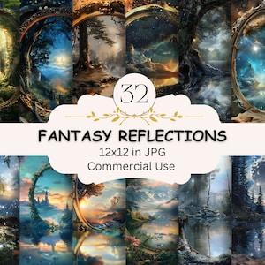 Papel digital Fantasy Reflections, 32 JPGs, cenário Fantasy Woods, Fairytale Mirrors Junk Journal, scrapbooking, colagem, uso comercial