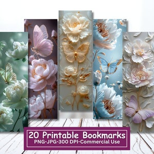 Peony Schmetterling druckbare Lesezeichen-Bundle, Set mit 20 PNG / JPG Floral Lesezeichen-Designs, Sublimieren, Drucken und Schneiden, Frühling Schmetterlinge Blumen