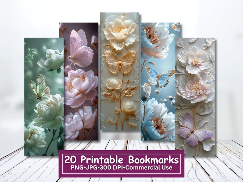 Peony Butterfly Printable Bookmarks: Floral PNG/JPG Designs (digital ...