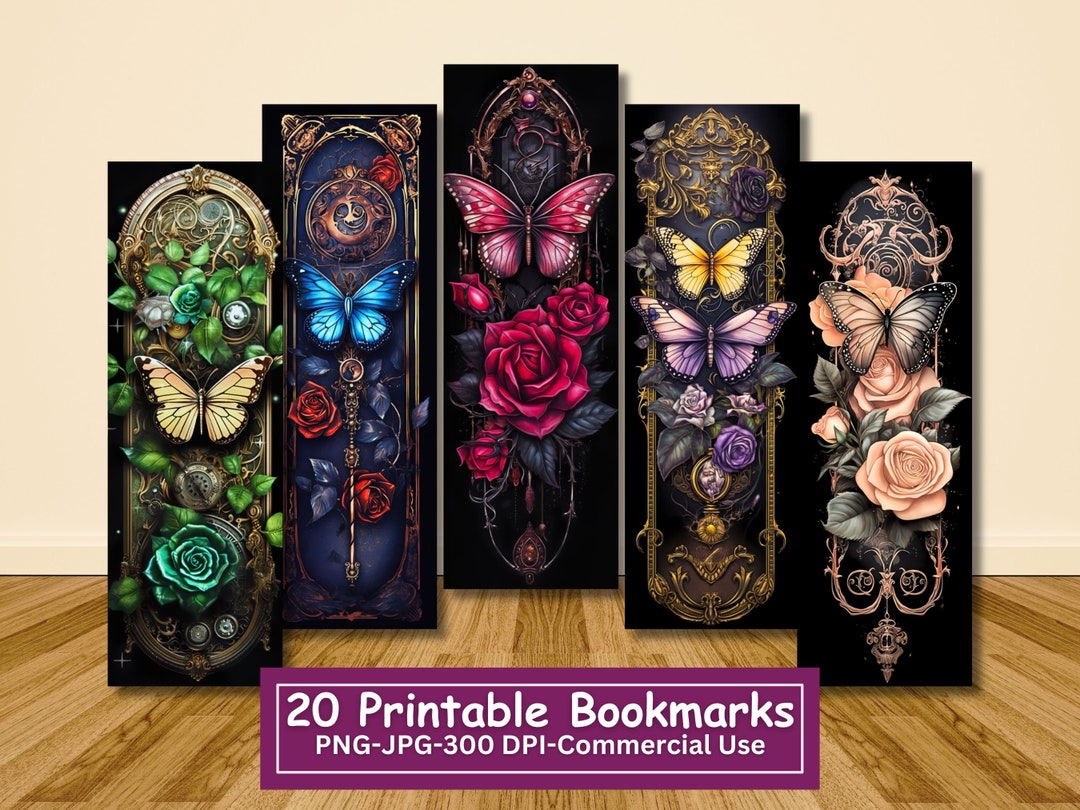 Butterfly Roses Printable Bookmarks: Fantasy Floral Set of 20 (PNG/JPG ...