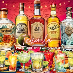 Pacchetto Clipart Tequila, Bottiglie Divertenti, 35 PNG, Cocktail di Nozze, Addio al Nubilato, Margarita, Alcol, Illustrazioni di Tequila, Scatti