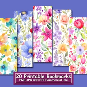Aquarelle Spring Floral Bookmarks Bundle, Ensemble de 20 PNG/JPG, Sublimation de fleurs, Cricut, Silhouette Print And Cut, Utilisation commerciale