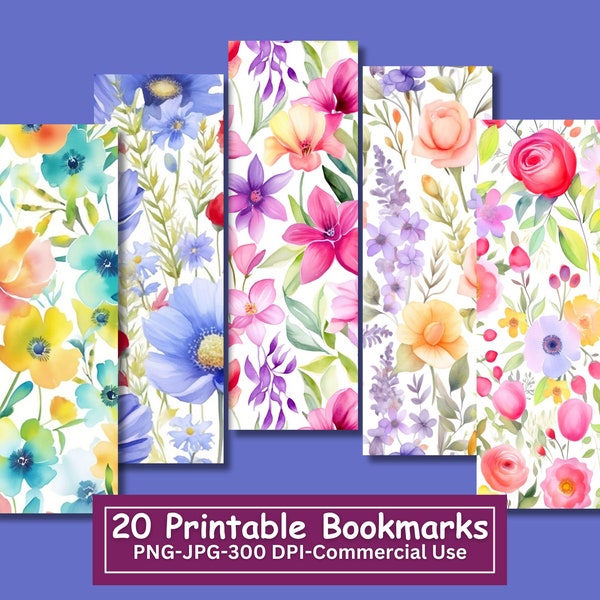 Watercolor Spring Floral Bookmarks Bundle, Set Of 20 PNG/JPG, Flower Sublimation, Cricut, Silhouette Print And Cut, Commercial Use