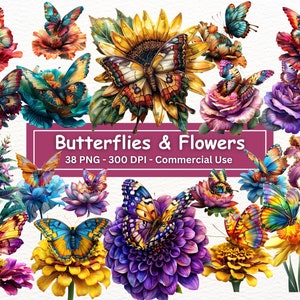 Clipart vibrante de borboletas e flores, conjunto de 38 PNG, borboleta floral colorida, confecção de cartões, clip art, artesanato em papel digital, download instantâneo